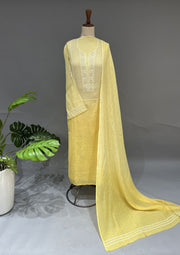 Mul Chanderi Chikankari Unstitch 2pc Suit - Yellow Ombre