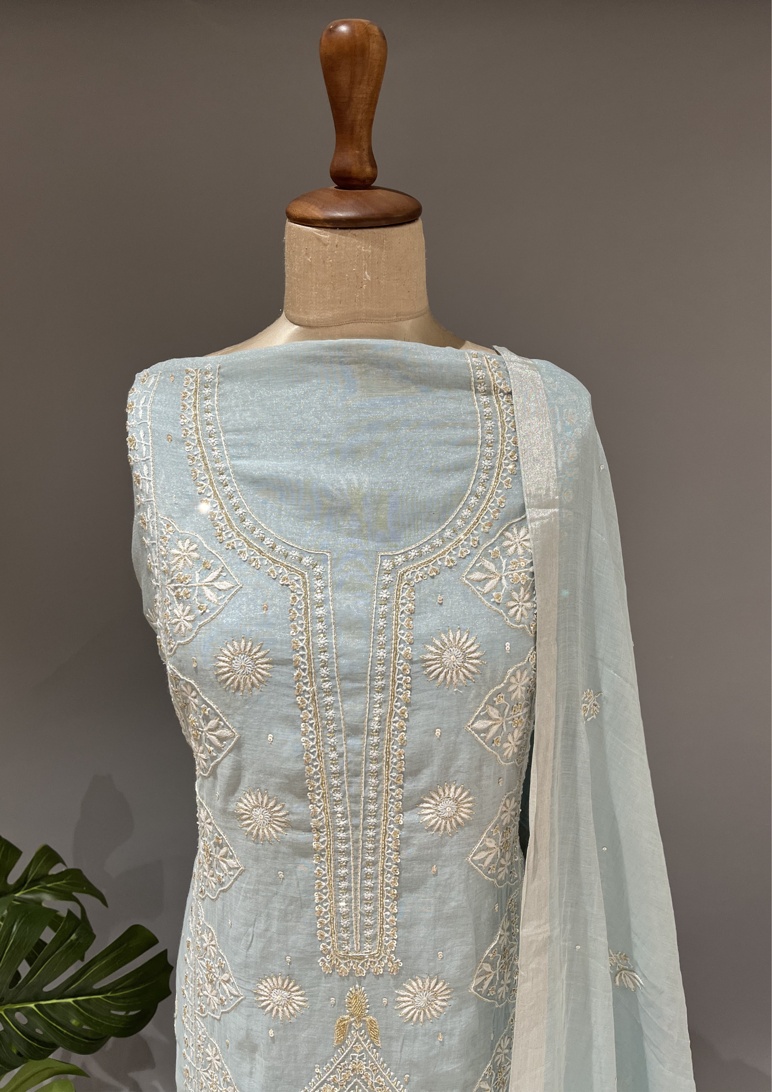 Chikankari Tissue Unstitched Kurta & Dupatta Set - Powder Blue
