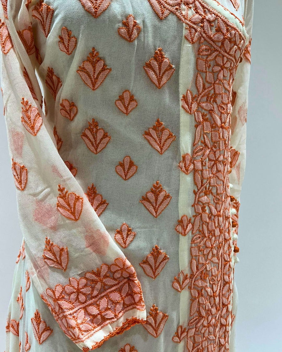 Georgette Anarkali Chikankari Kurta - White & Orange