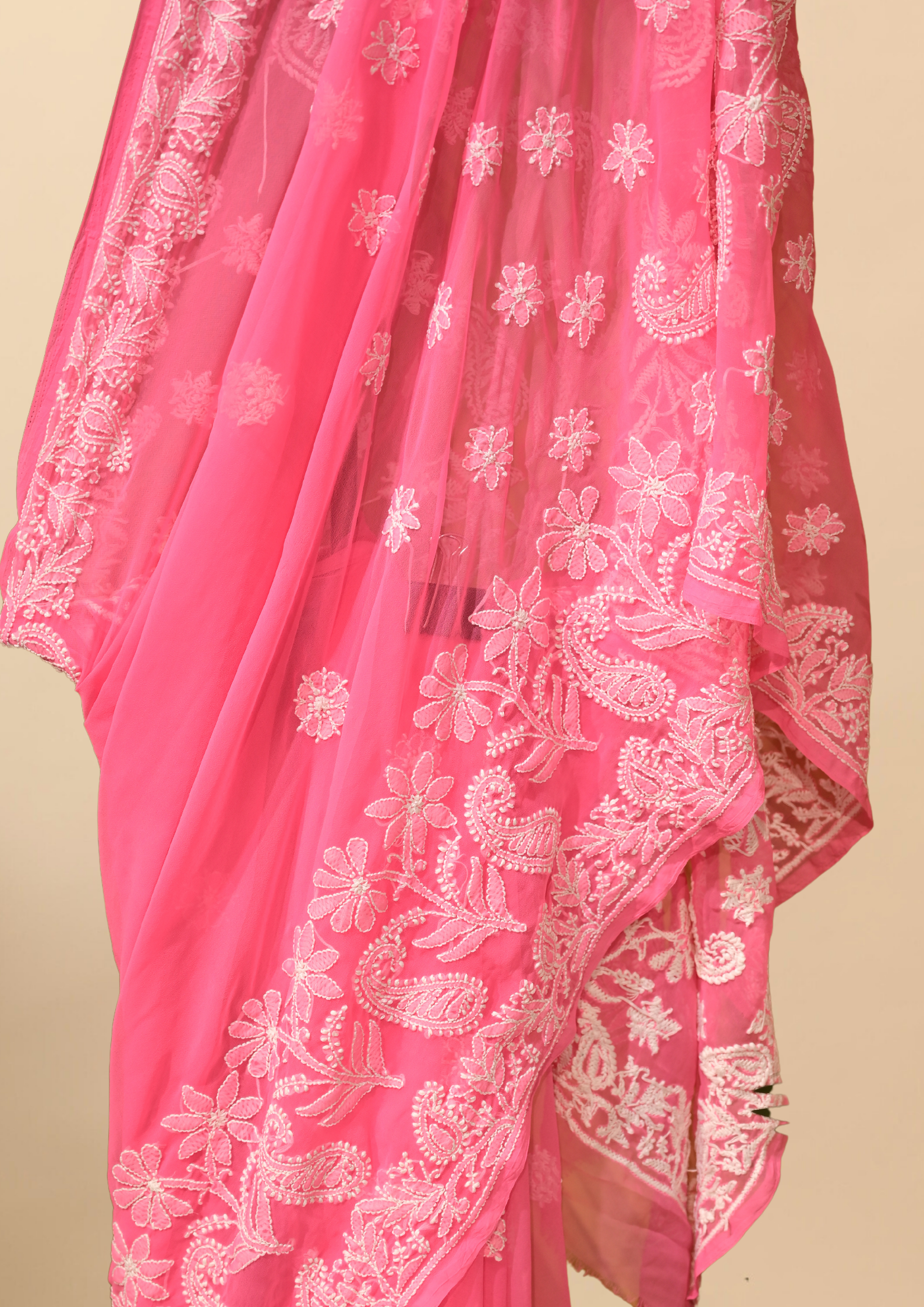 Georgette Chikankari Saree - Bright Pink