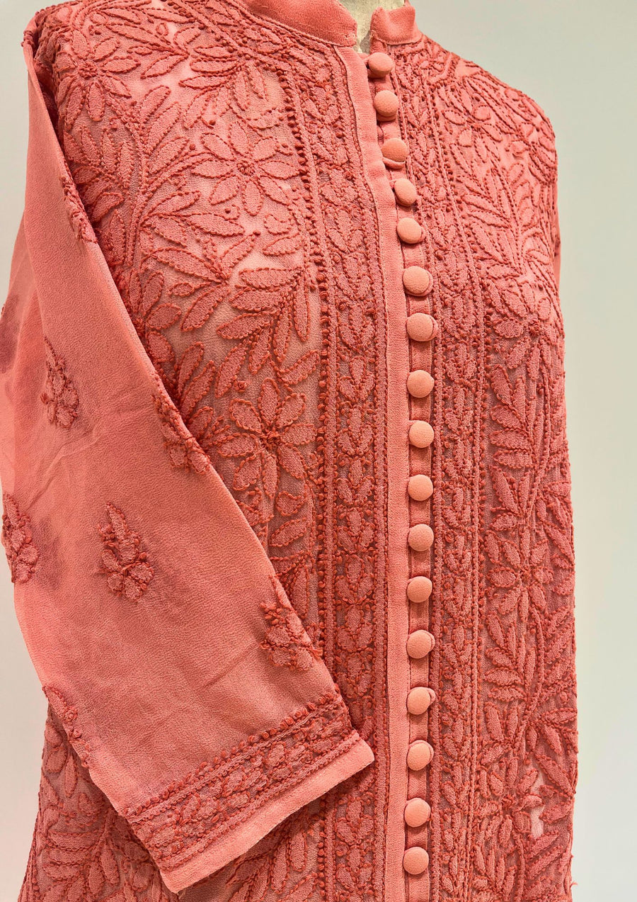 Georgette Chikankari Long Kurti - Coral Pink