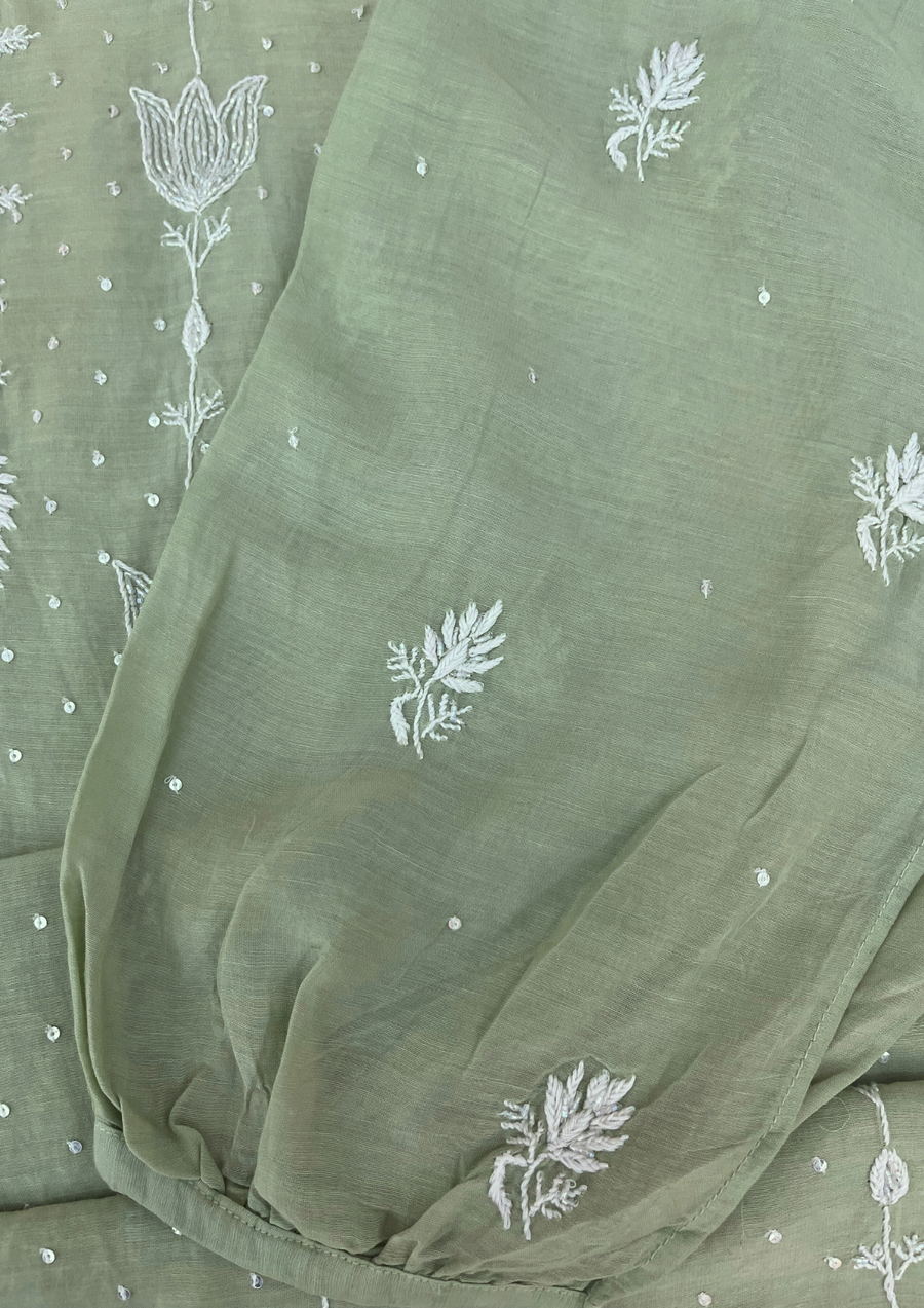Chikankari Semistitched Mul Chanderi Co-ord Set - Sage Green