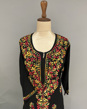 Rayon Chikankari Kurti - Black and Multicolour
