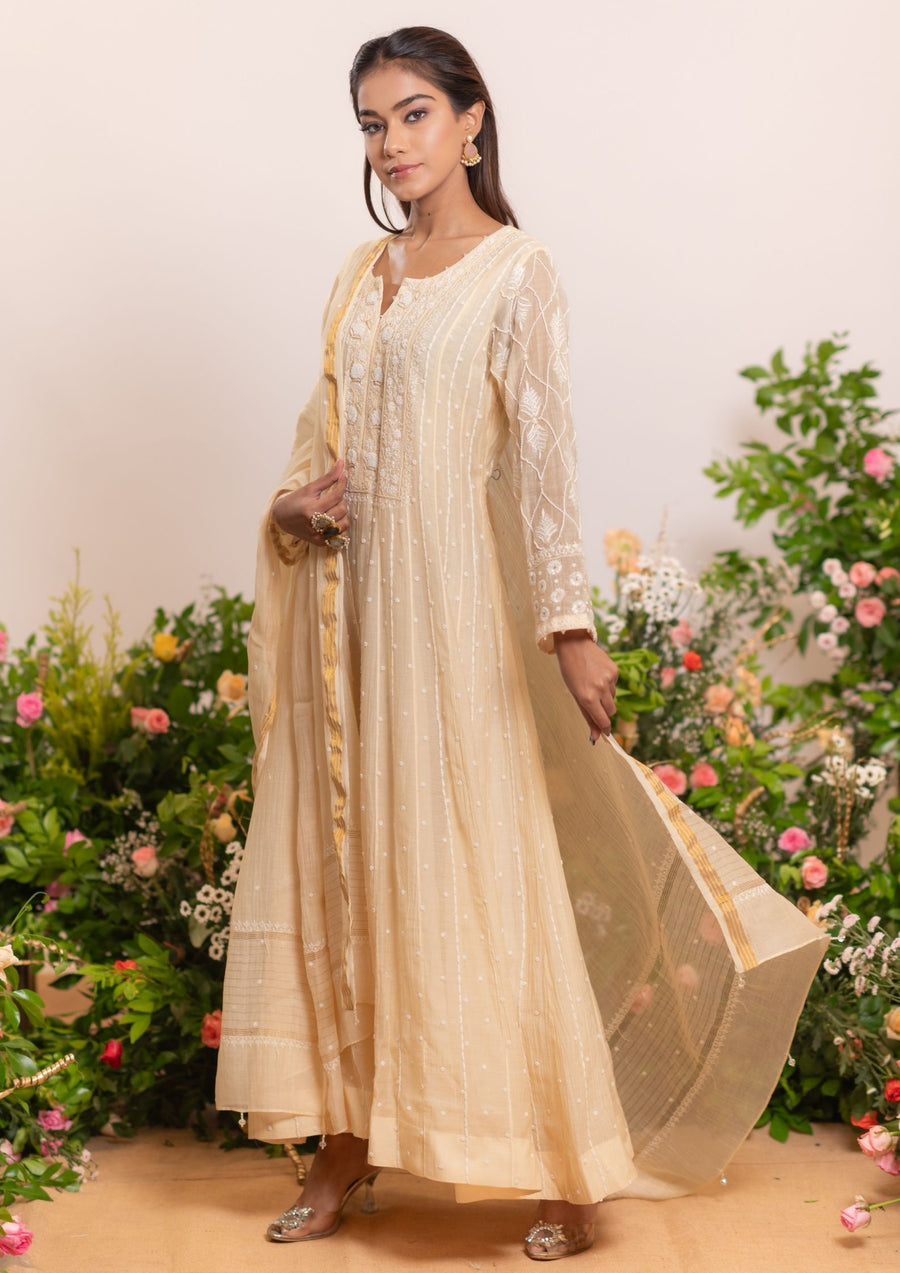 Mul Chanderi Chikankari Anarkali - Beige