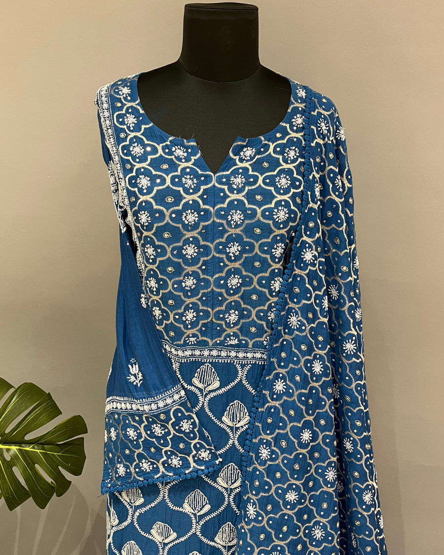 Mul Chanderi Chikankari Suit Set - Midnight Blue