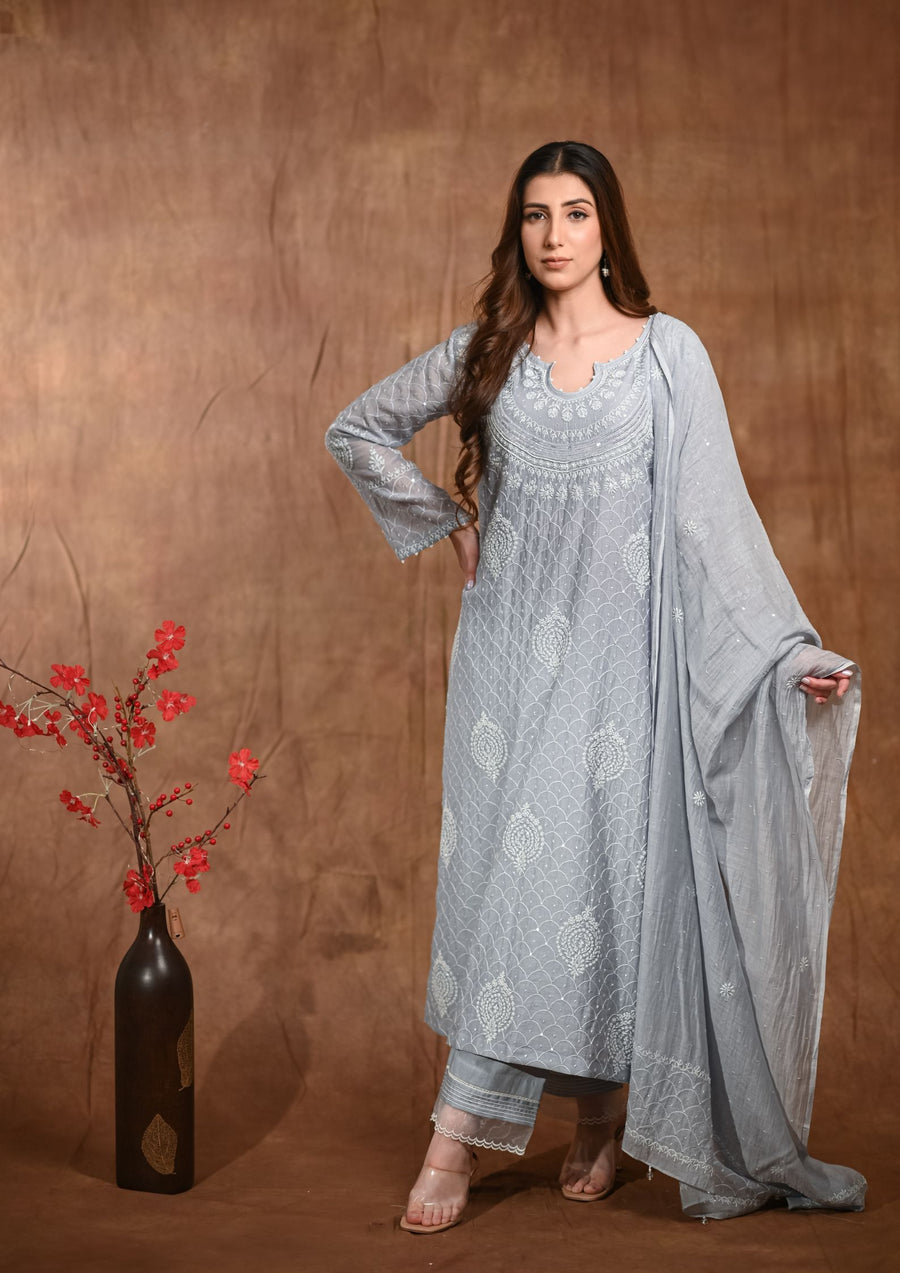 Mul Chanderi Chikankari Straight Suit - sc2424239