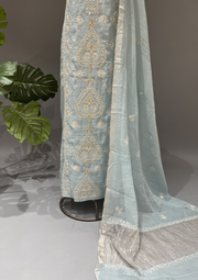 Chikankari Tissue Unstitched Kurta & Dupatta Set - Powder Blue