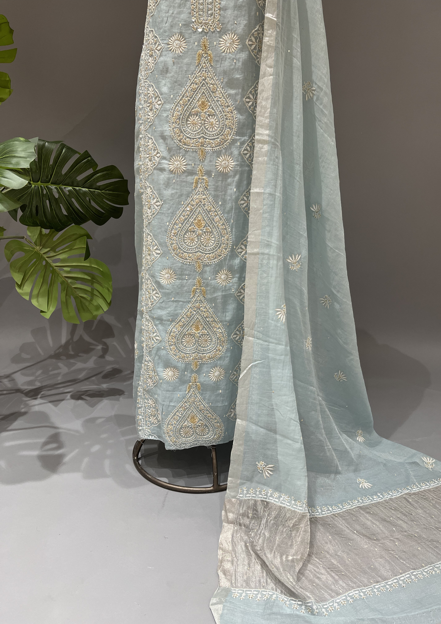 Chikankari Tissue Unstitched Kurta & Dupatta Set - Powder Blue