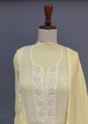 Mul Chanderi Chikankari Unstitch 2pc Suit - Yellow Ombre