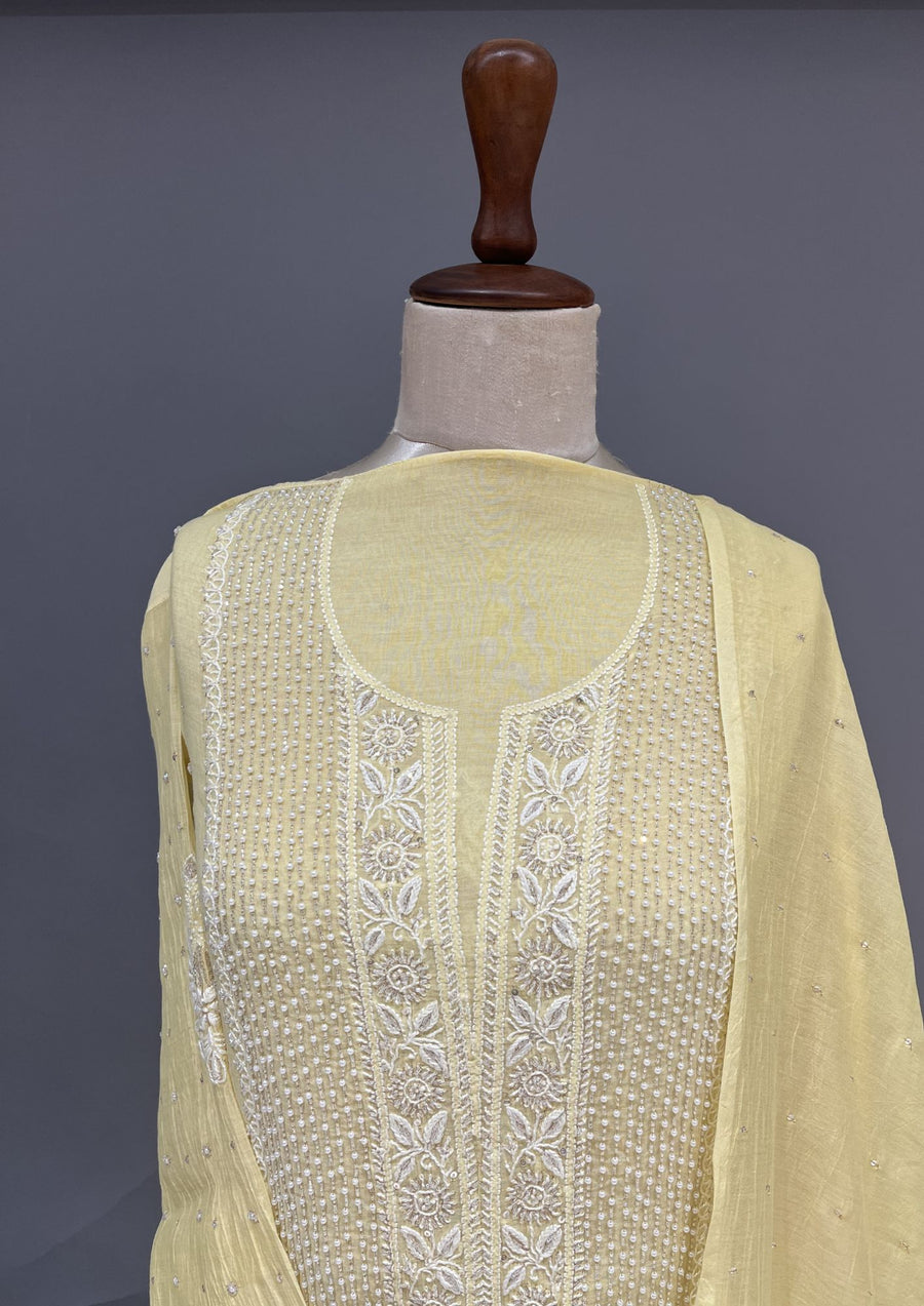 Mul Chanderi Chikankari Unstitch 2pc Suit - Yellow Ombre