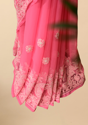 Georgette Chikankari Saree - Bright Pink