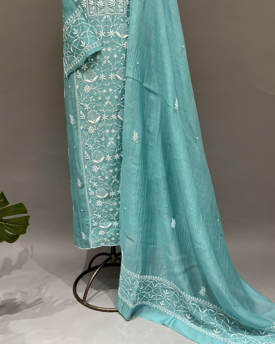 Mul Chanderi Chikankari Unstitched 2pc Suit - Pacific Blue