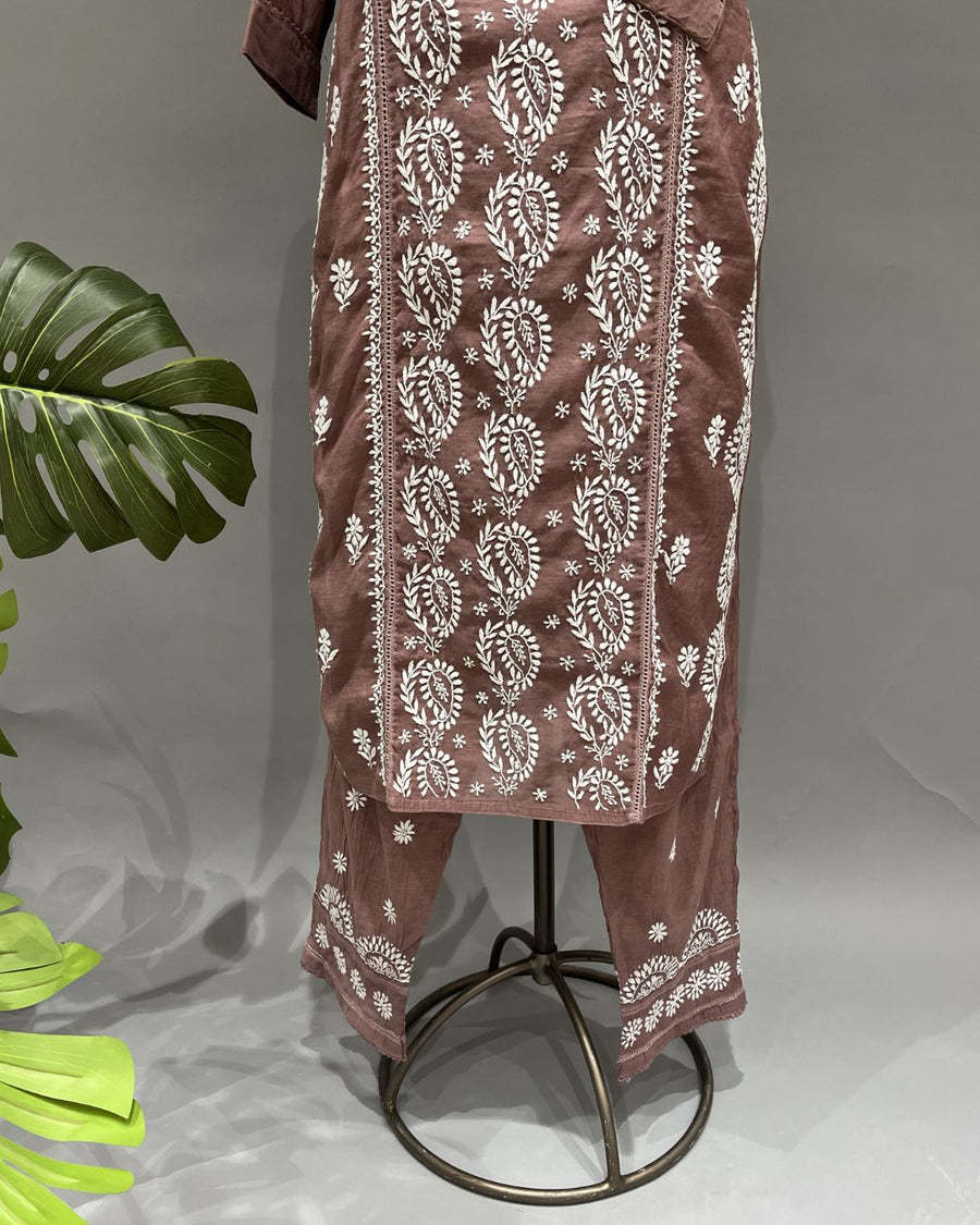 Chanderi Chikankari Co-ord Set - Rosewood