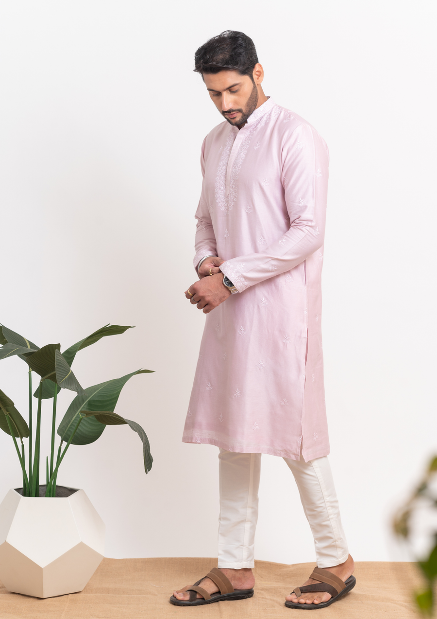 Chanderi Chikankari Men's Kurta - Light Mauve