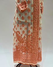 Georgette Anarkali Chikankari Kurta - White & Orange