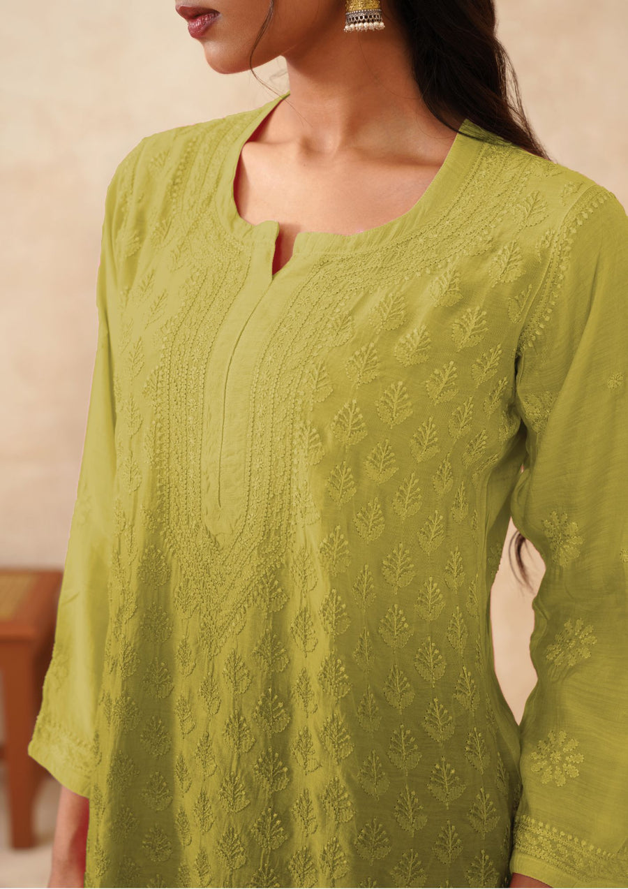 Muslin Chikankari Short Kurti - Ombre Warm Olive