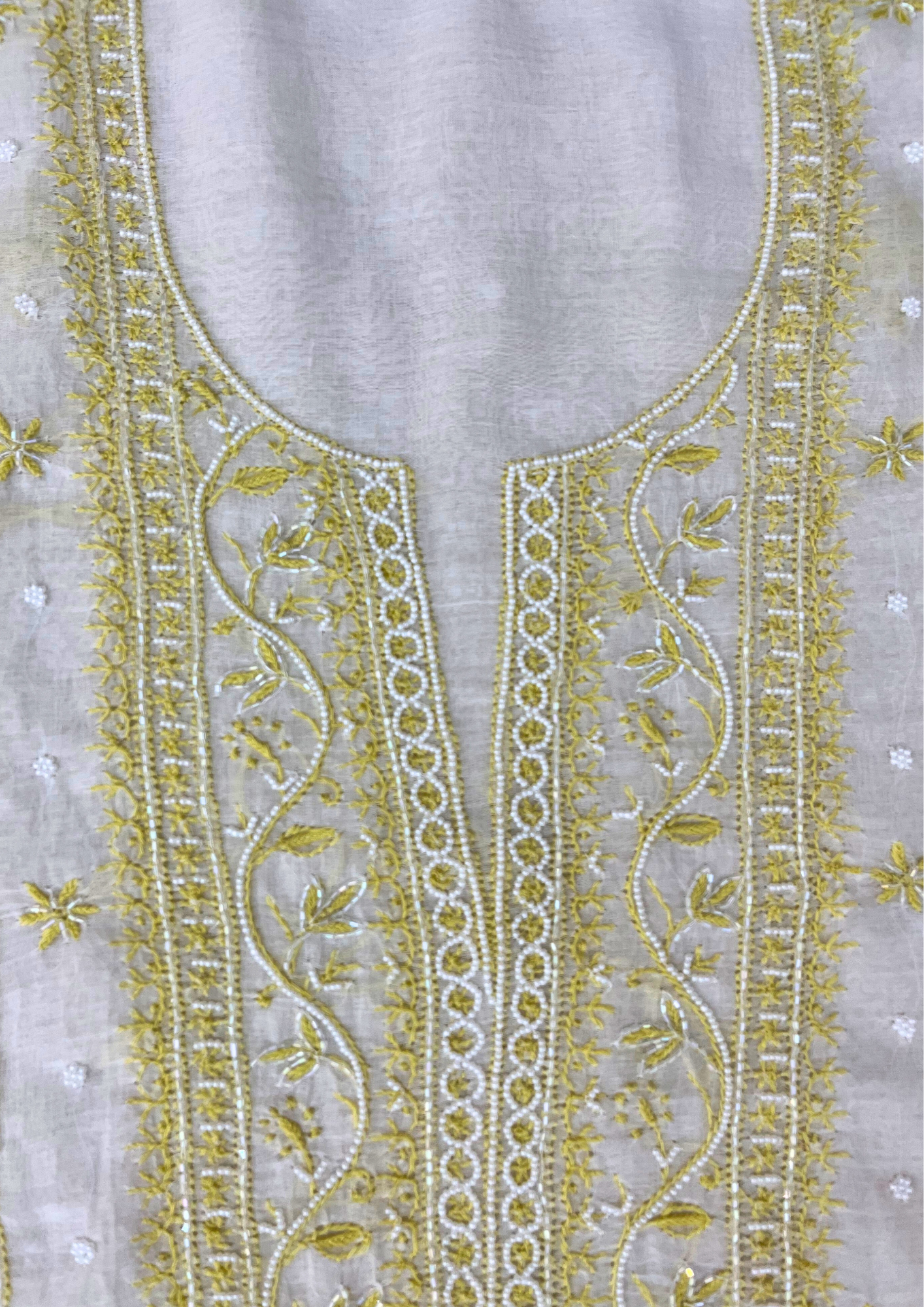 Chikankari Mul Chanderi Unstitched Suit - White and Yellow