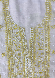 Chikankari Mul Chanderi Unstitched Suit - White and Yellow