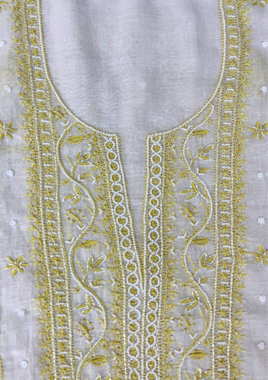 Chikankari Mul Chanderi Unstitched Suit - White and Yellow
