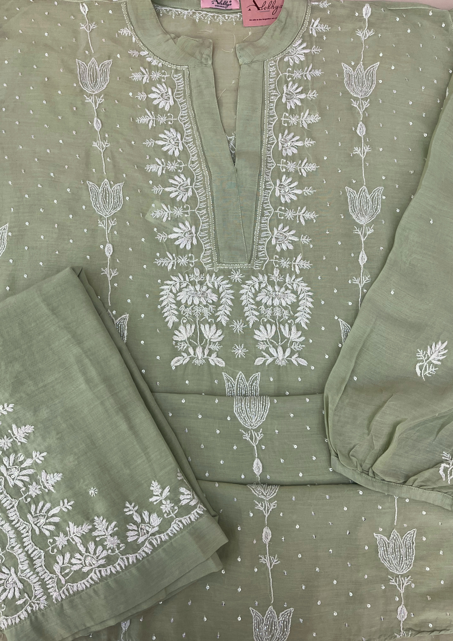 Chikankari Semistitched Mul Chanderi Co-ord Set - Sage Green