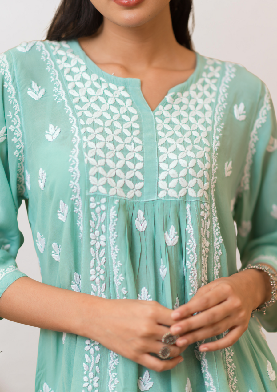 Modal Chikankari Short Kurti - Jade Green