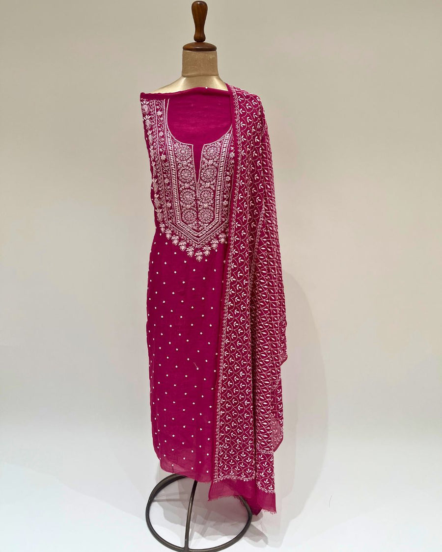 Mul Chikankari Unstitched 2pc Suit - Fuchsia Pink