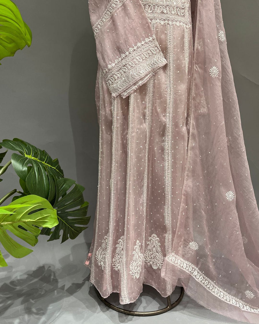 Organza Chikankari unstitch 2pc Anarakali - Mauve Ombre