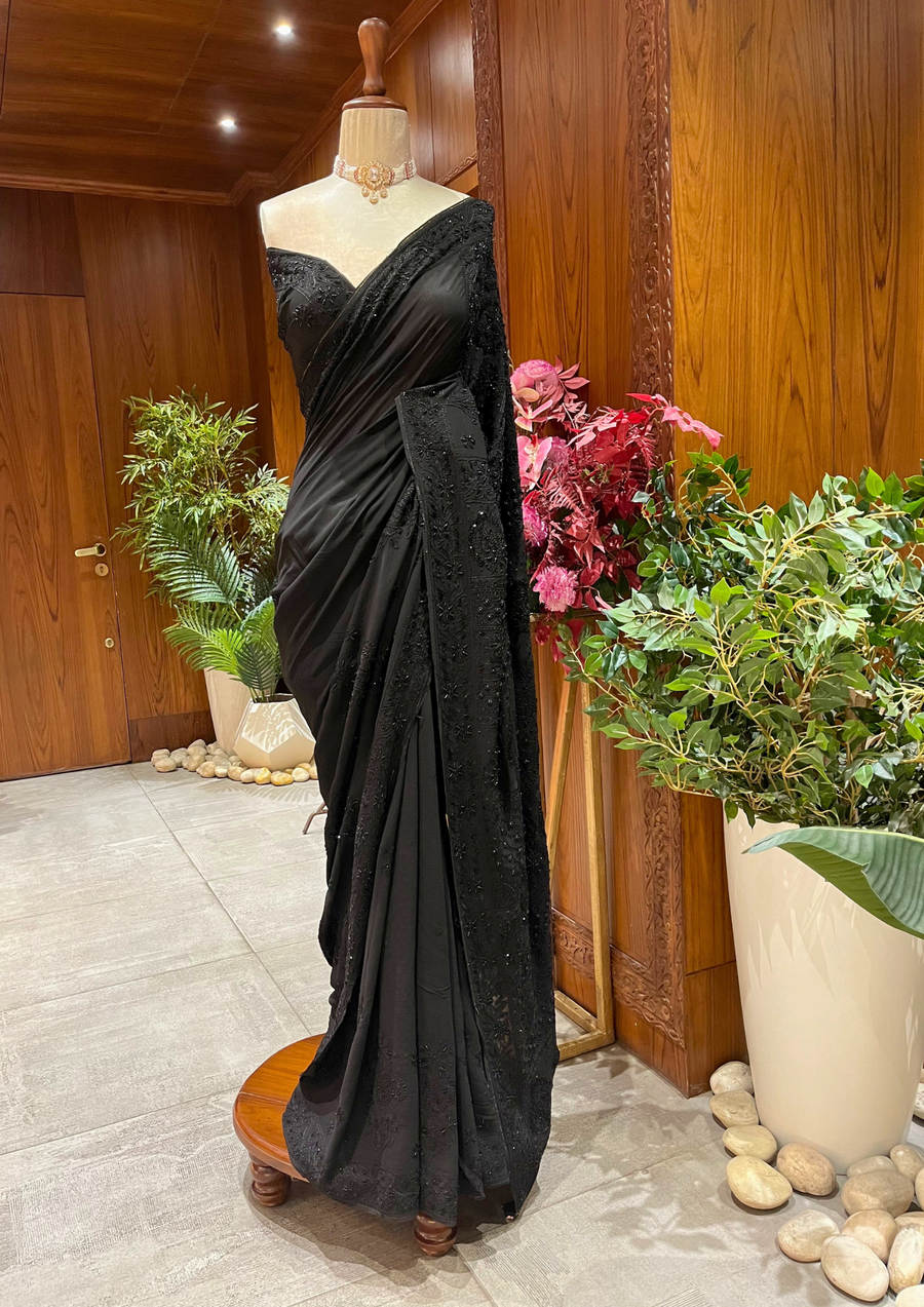Chikankari Vescouse Saree - Black
