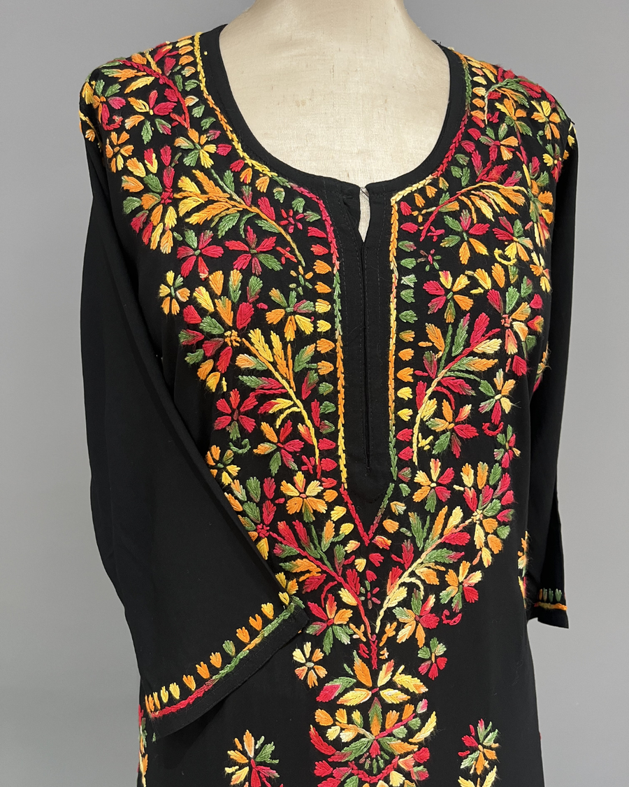 Rayon Chikankari Kurti - Black and Multicolour