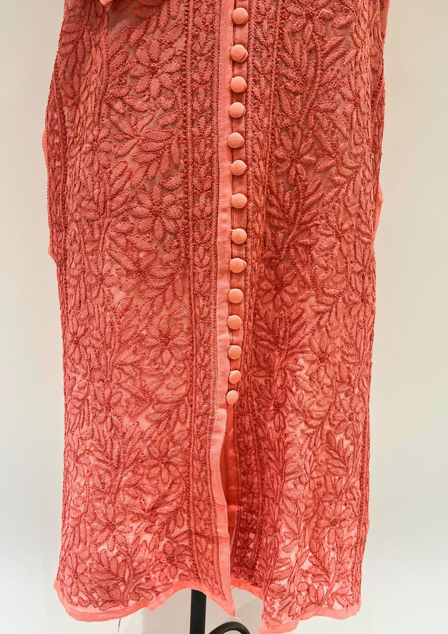 Georgette Chikankari Long Kurti - Coral Pink