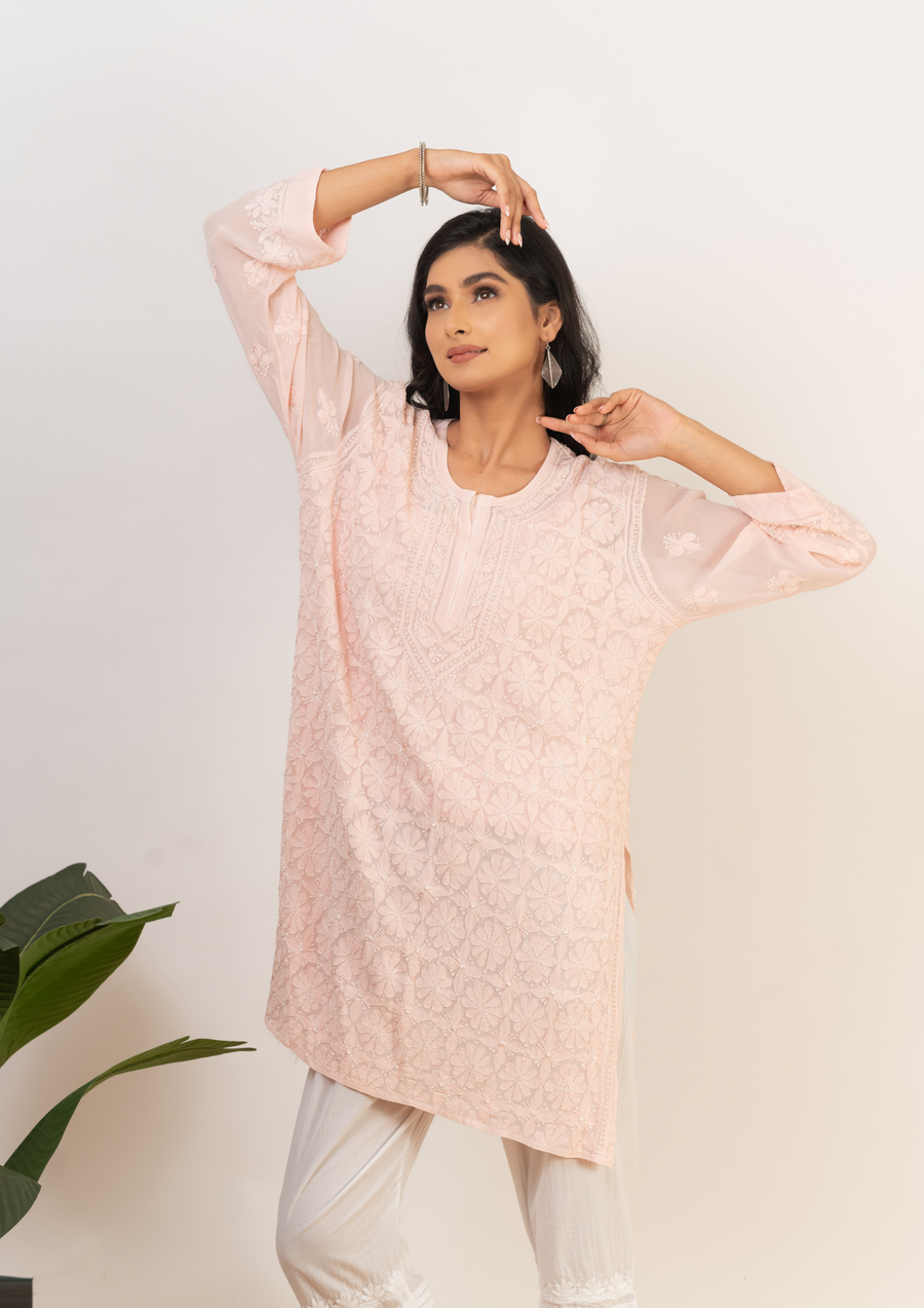 Georgette chikankari short kurta - peach