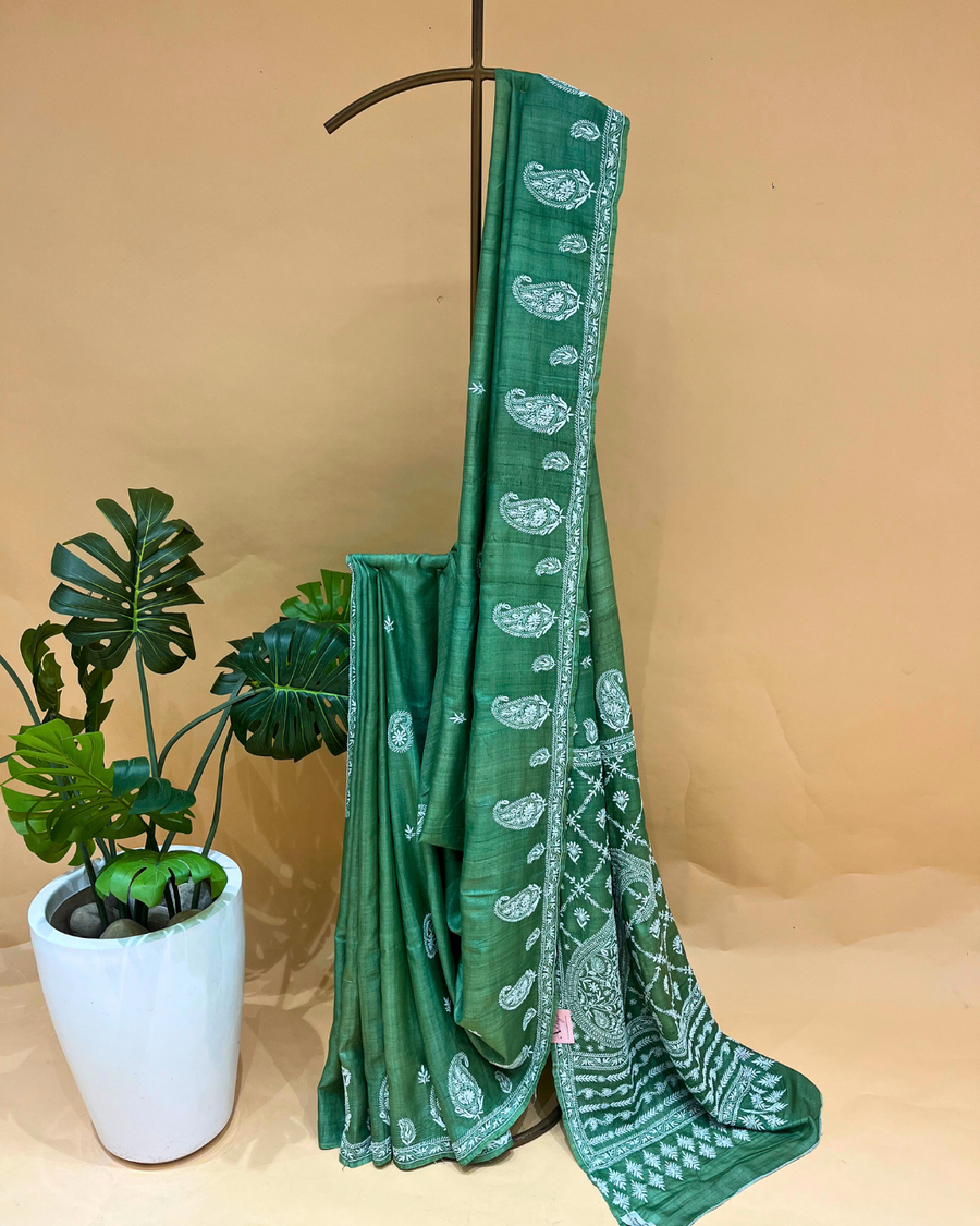 Chikankari Tussar Silk Saree - Moss Green