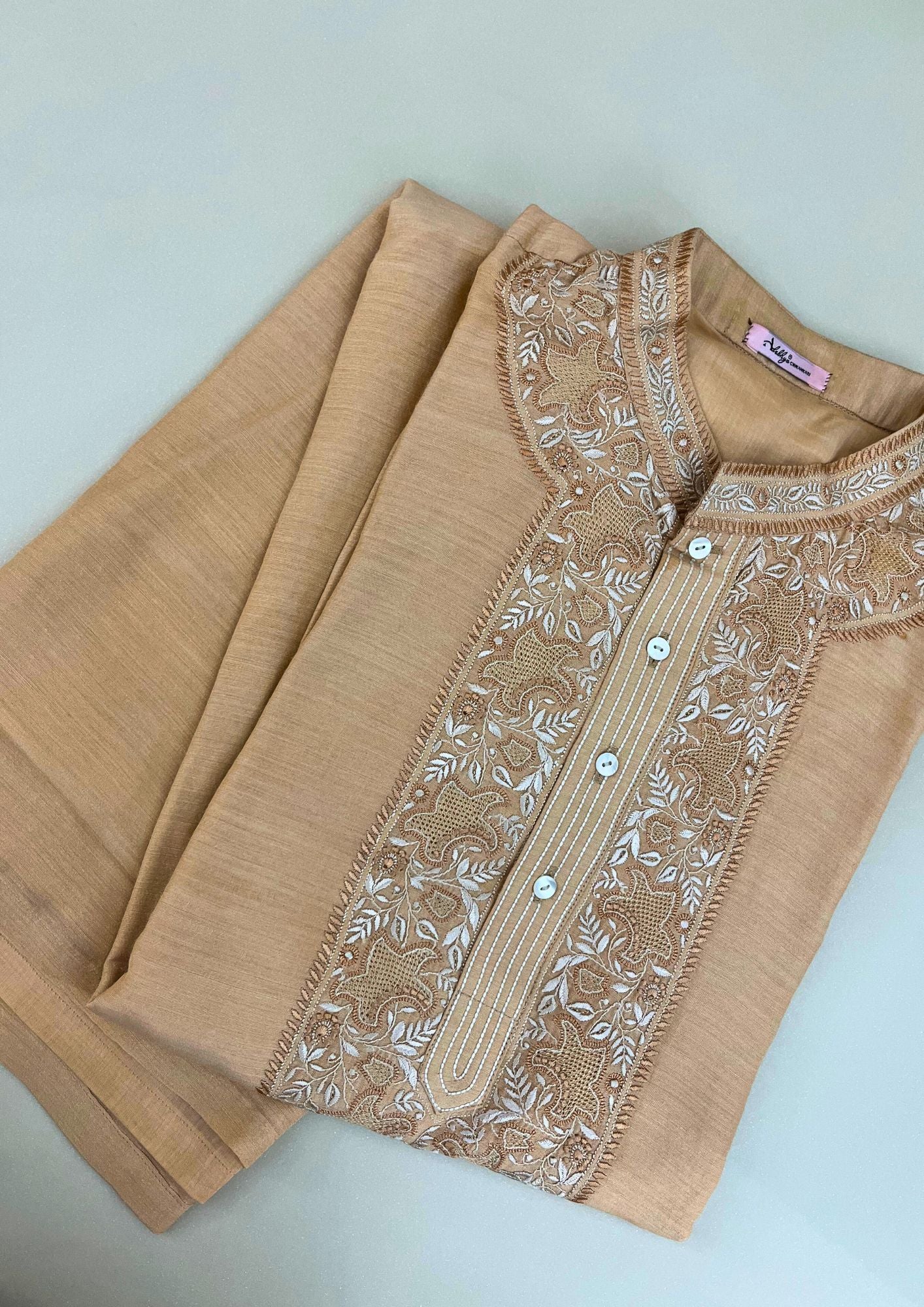 Munga Silk Chikankari Stitched Mens Kurta - Peach