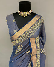 Tissue Chikankari Saree - Midnight Blue