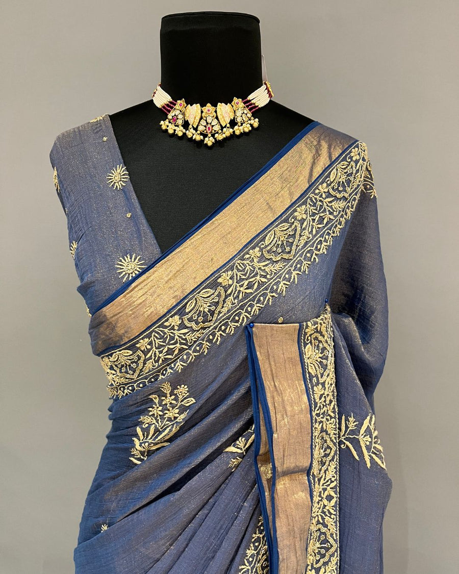 Tissue Chikankari Saree - Midnight Blue