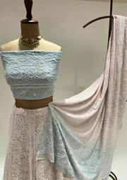 Pure Georgette Chikankari Unstitched Lehenga - Powder blue and Blush Pink