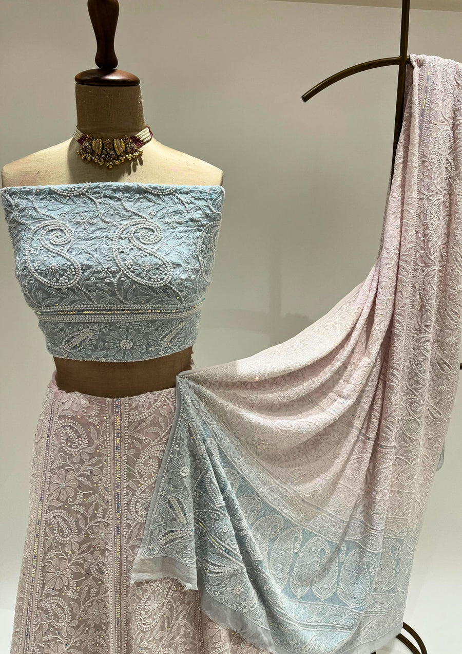 Pure Georgette Chikankari Unstitched Lehenga - Powder blue and Blush Pink
