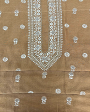 Mul Chanderi Chikankari Unstitched Mens Kurta - Coffee Latte
