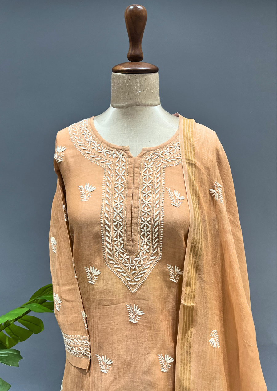 Chikankari Mul Chanderi Sharara Set - Caramel Beige