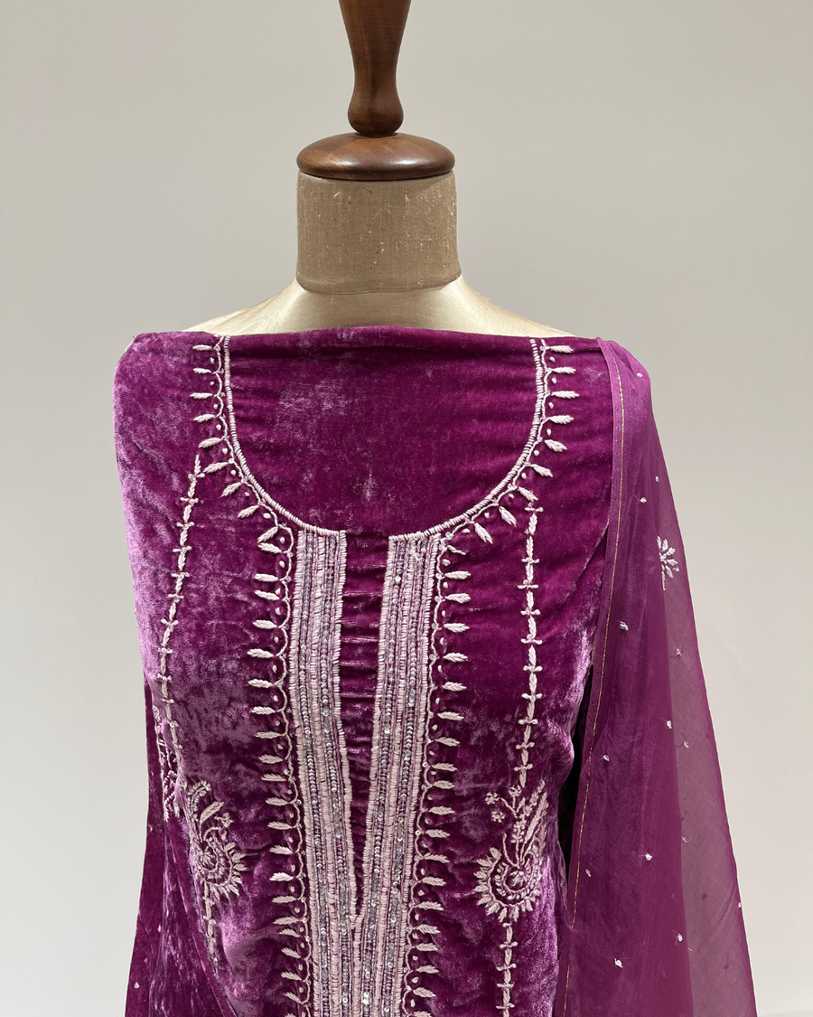 Velvet Chikankari Unstitched 2pc Suit Set - Light Plum