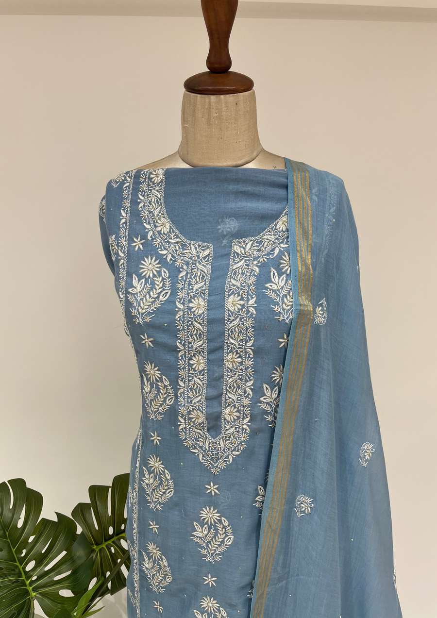 Mul Chanderi Chikankari unstitched Suit - Periwrinkle Blue