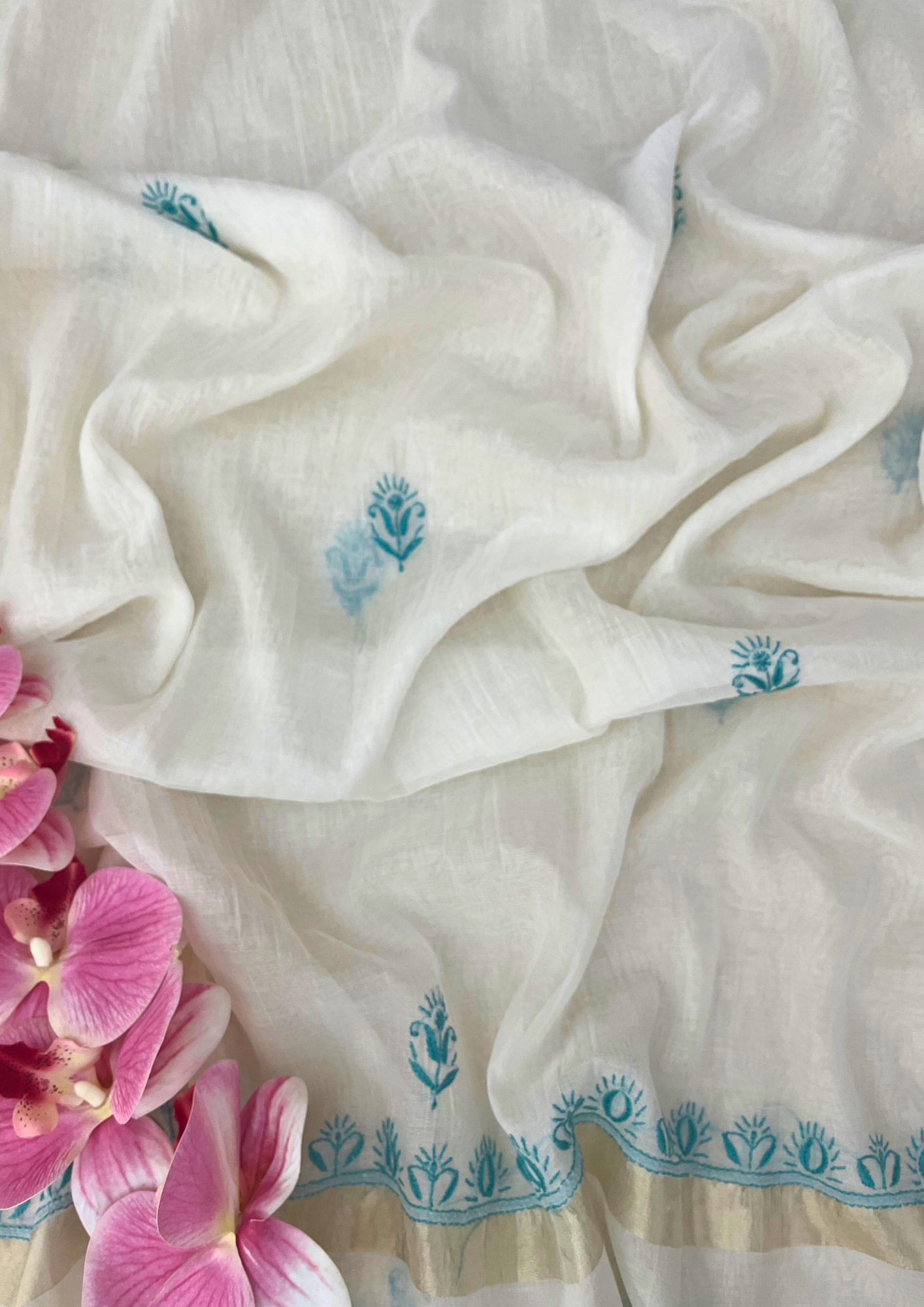 Chikankari Mul Chanderi Unstitched 2pc Suit - White and Blue
