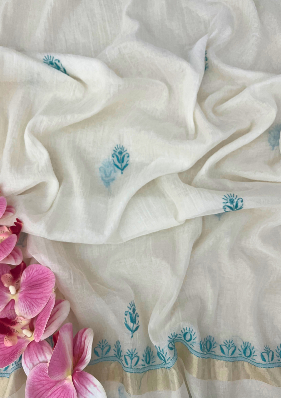 Chikankari Mul Chanderi Unstitched 2pc Suit - White and Blue