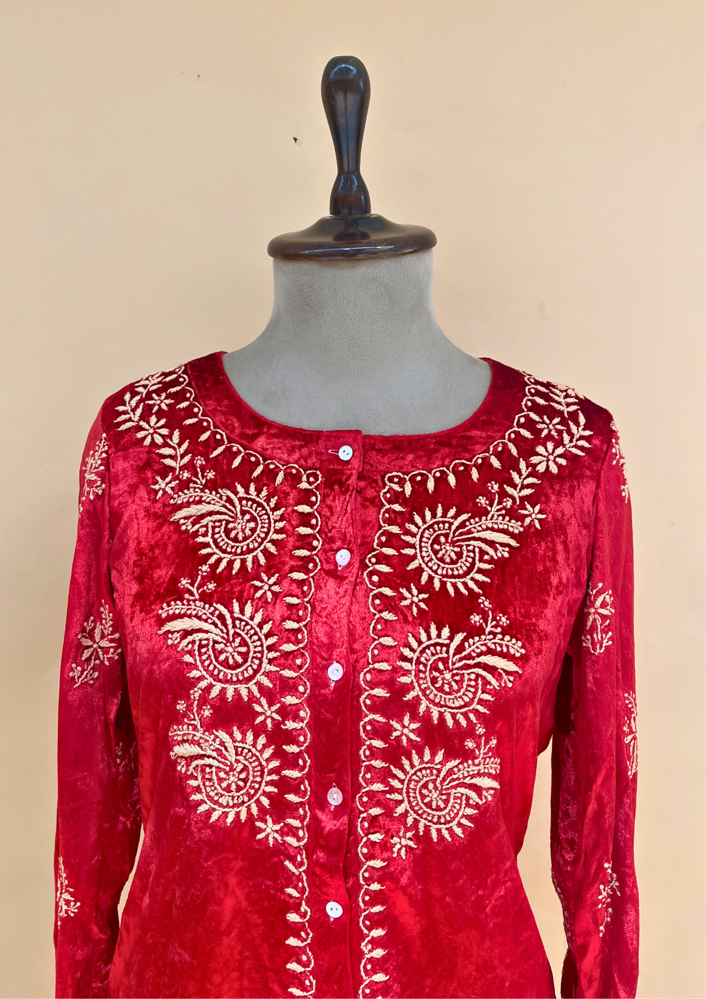 Velvet Chikankari Stitched Coord Set - Red