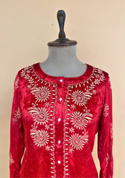 Velvet Chikankari Stitched Coord Set - Red