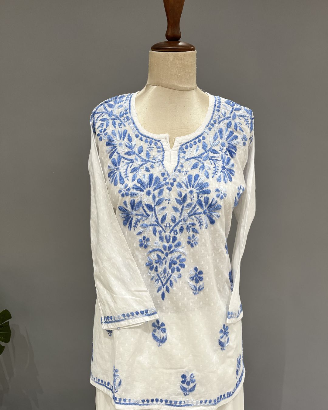 Cotton Chikankari Short Kurti - White & Blue