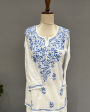 Cotton Chikankari Short Kurti - White & Blue
