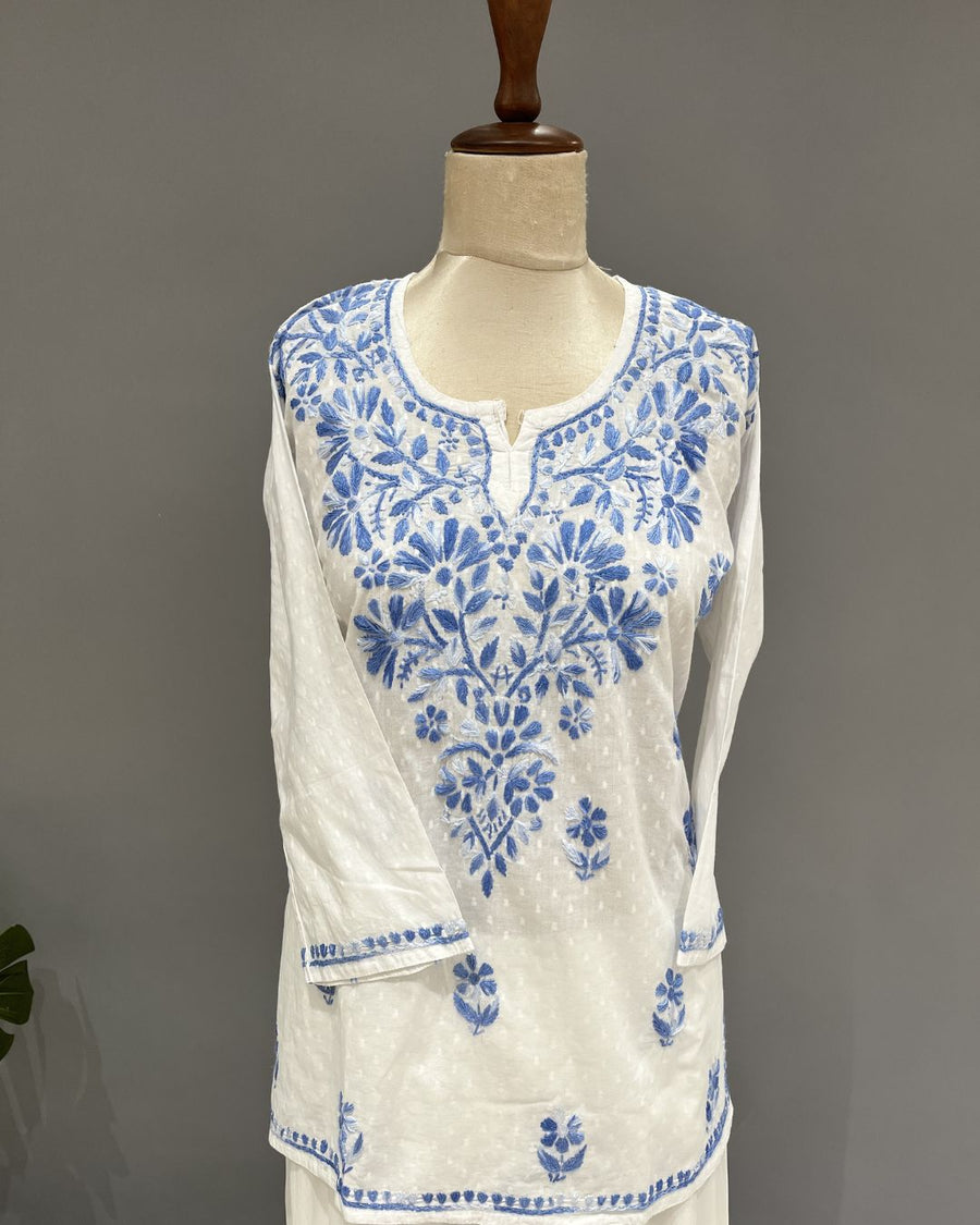 Cotton Chikankari Short Kurti - White & Blue