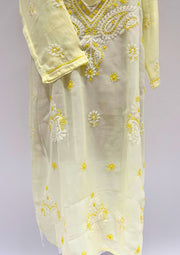 Georgette Chikankari Long Kurti - Corn Yellow