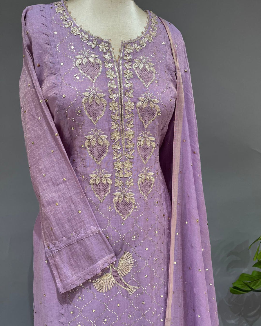 Tissue Chikankari 3pc Stitched Suit - Mauve